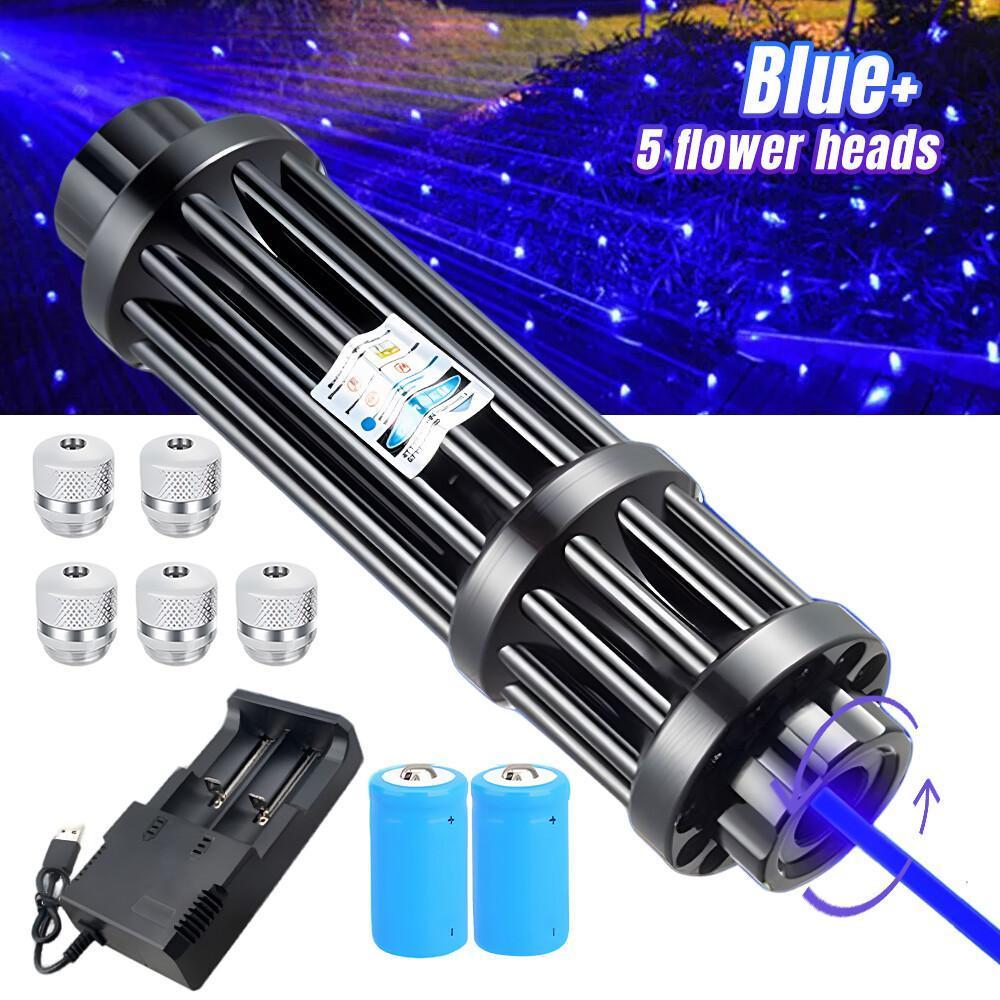 【Back To School Gift】Portable Rechargeable Blue Laser Pointer Pen, Unisex Metal Handheld Outdoor Light with 5 Pattern Heads, Battery Charger for Teachers, Tools and Gadgets Cool Gadgets