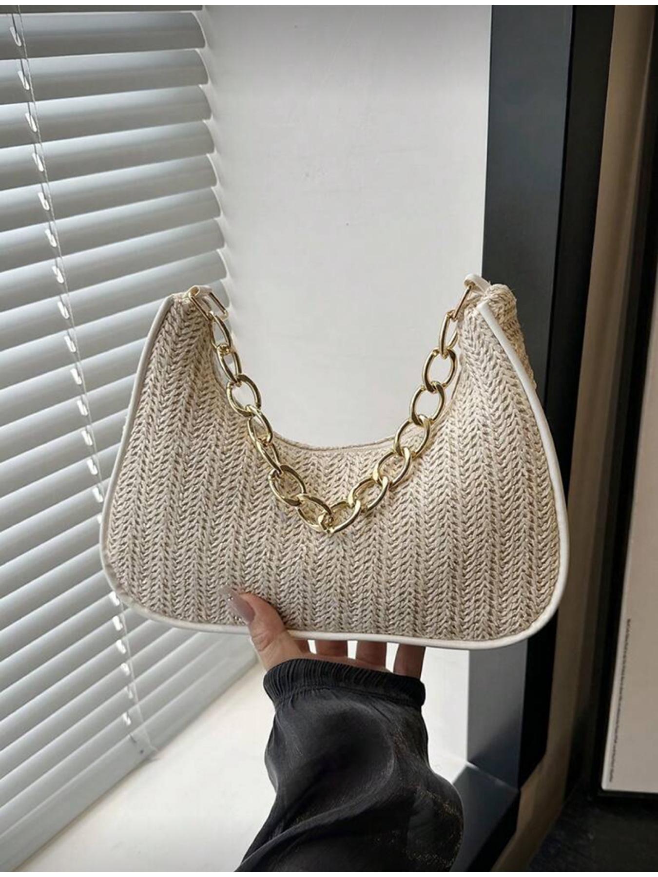 Summer Women Straw Handbag Crescent Shape Metal Chain Tote Beach Bag Casual Multi functional Crossbody Shoulder Bag
