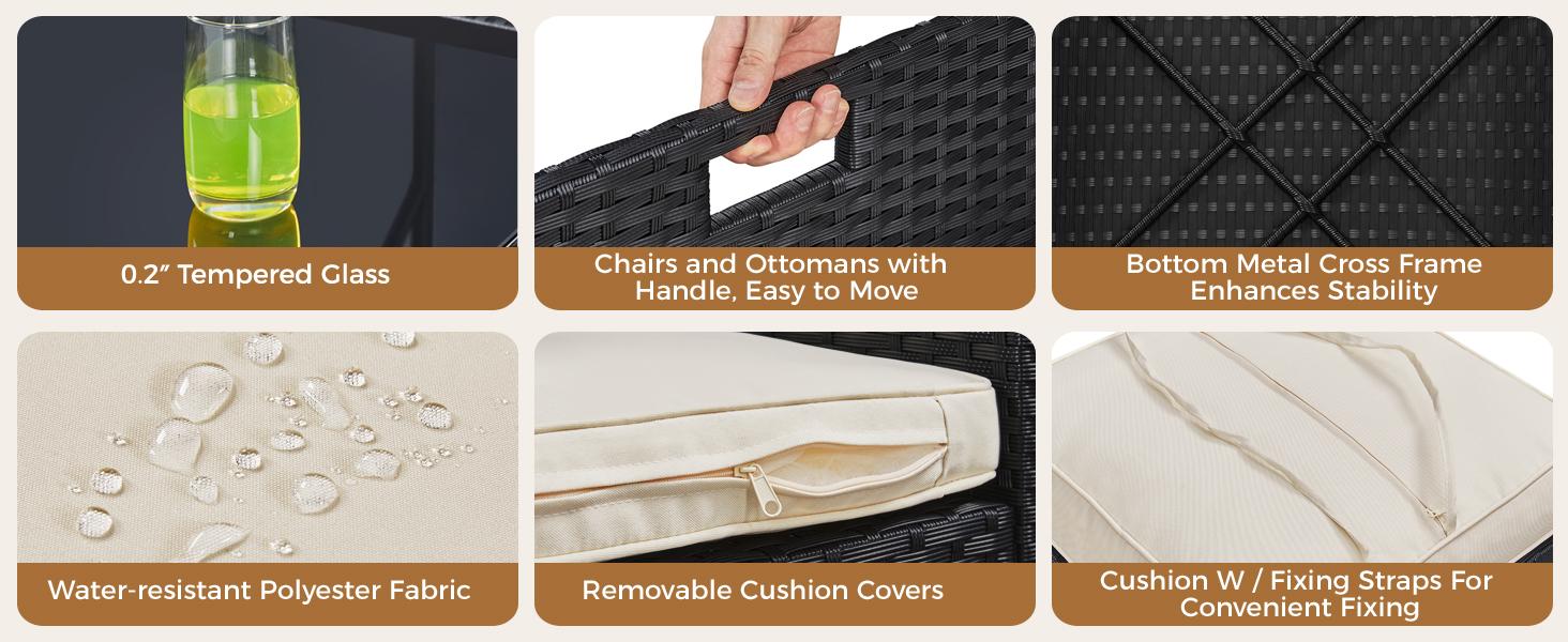 Yaheetech 9-Piece Patio Dining Sets, Outdoor Space Saving Rattan Chairs with Glass Table, Wicker Sectional Conversation Furniture Set with Removeable Cushions, Black/Beige