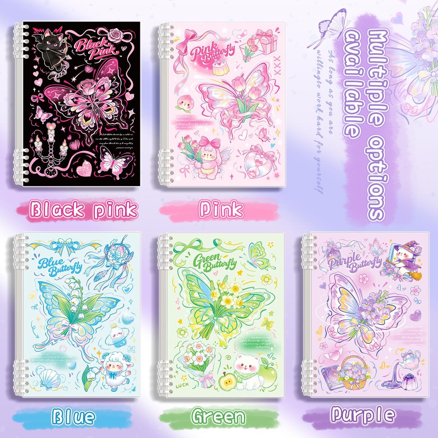 A loose-leaf notebook, Loose leaf notepad, with a beautiful butterfly design, featuring cute pink, blue butterfly covers, thick pages to prevent inkpage, suitable for detailed notes, schoolwork, and personal diaries, Spiral Notebook