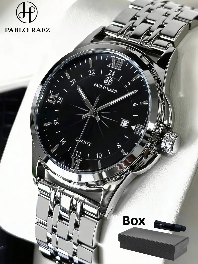 Men's Business Fashion Round Dial Analog Quartz Stainless Steel Watch, Fashion Watch for Party, Daily Clothing Decor, Trendy All-match & Exquisite Watch for Birthday Gift with Box