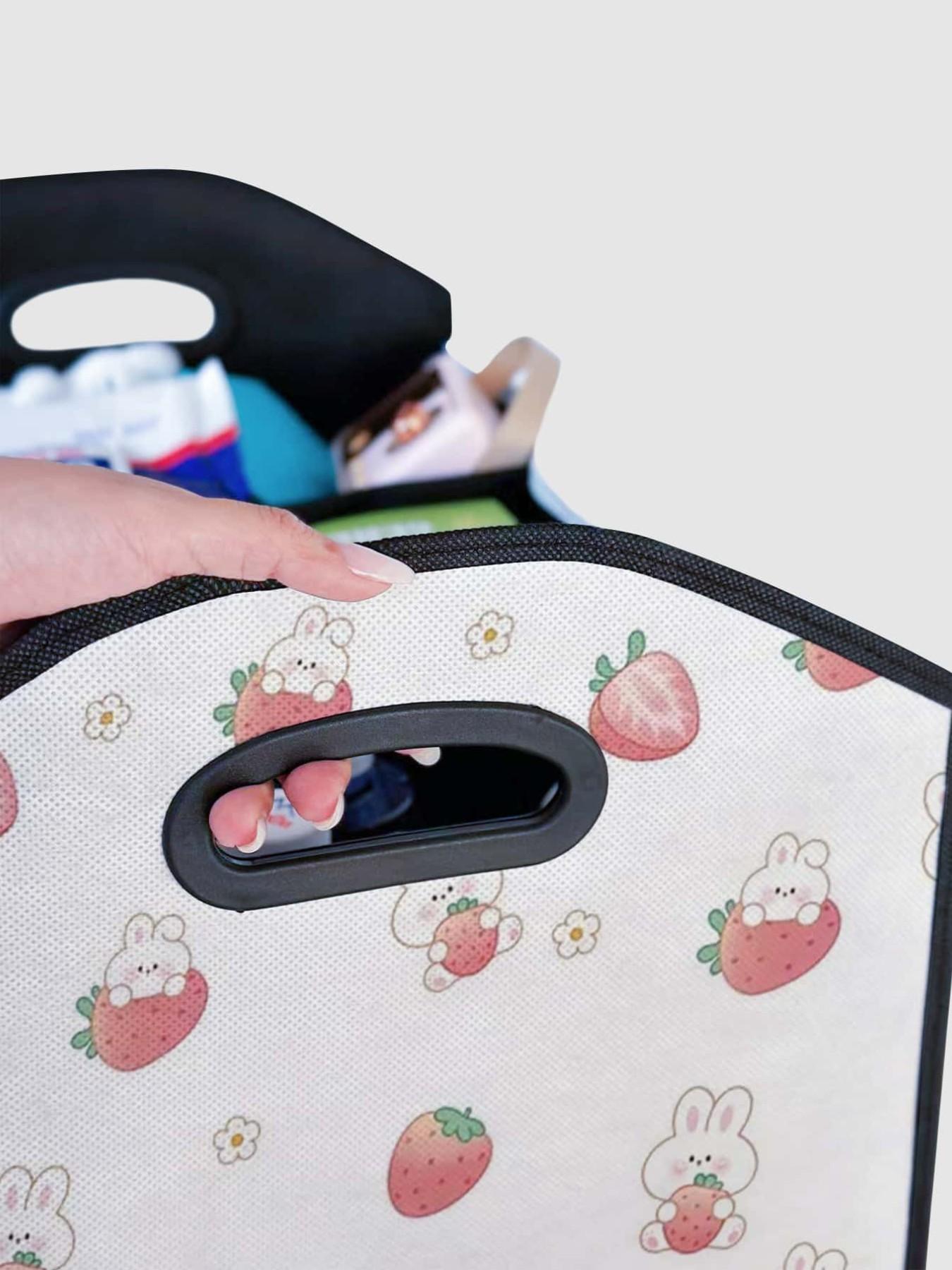Rabbit Strawberry Pattern Car Storage Box, Foldable Trunk Organizer with Dividers, Multi-Functional Vehicle Holder for All Seasons, Car Storage Organizers