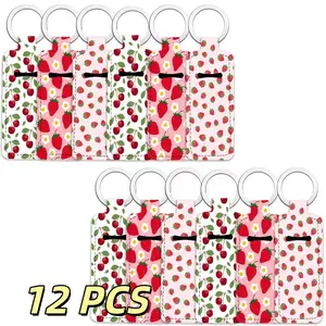 12pcs, Strawberry And Cherry Pattern Neoprene Lip Balm Clip Keychain Lipstick Cover And Lipstick Cover Clip Knitted Elastic Lipstick Clip Keychain, Christmas Halloween Thanksgiving Gift