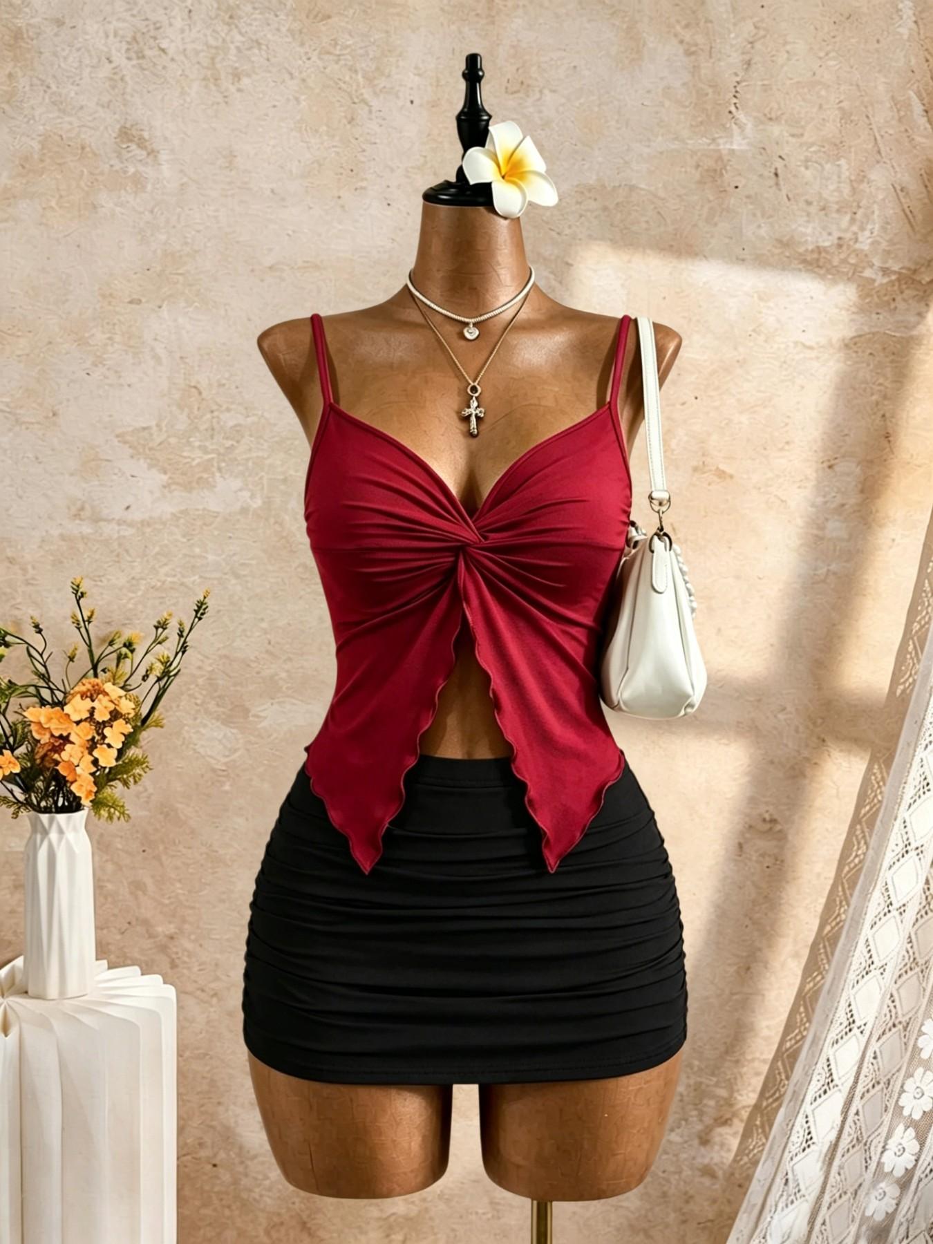 Women's Aesthetic Solid Color Knot Front Halter Top + Pleated Bodycon Mini Dress Set, Outfit, Sleeveless Thin Straps Hollow Out Design, Nightclub Party
