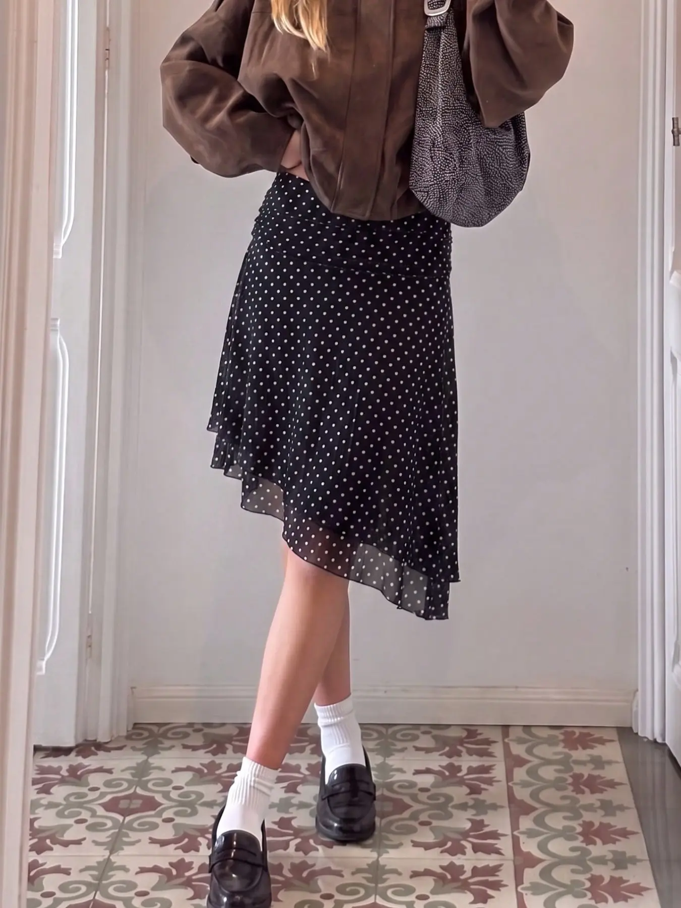 High-Waisted Polka Dot Skirt, Boho Style Knee-Length Skirt, Fitted Design for All Seasons, Fashionable French Print Half Skirt