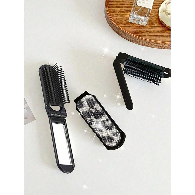 Leopard Print Compact Folding Mirror Comb -3 Portable Mirrors, Distinctive Pattern, Multifunctional Mini Makeup Mirror And Massage Comb, Travel Brush, Essential For Travel, Durable Plastic Frame, Suitable For Women's Daily Hairstyles, Makeup, Beauty Tools
