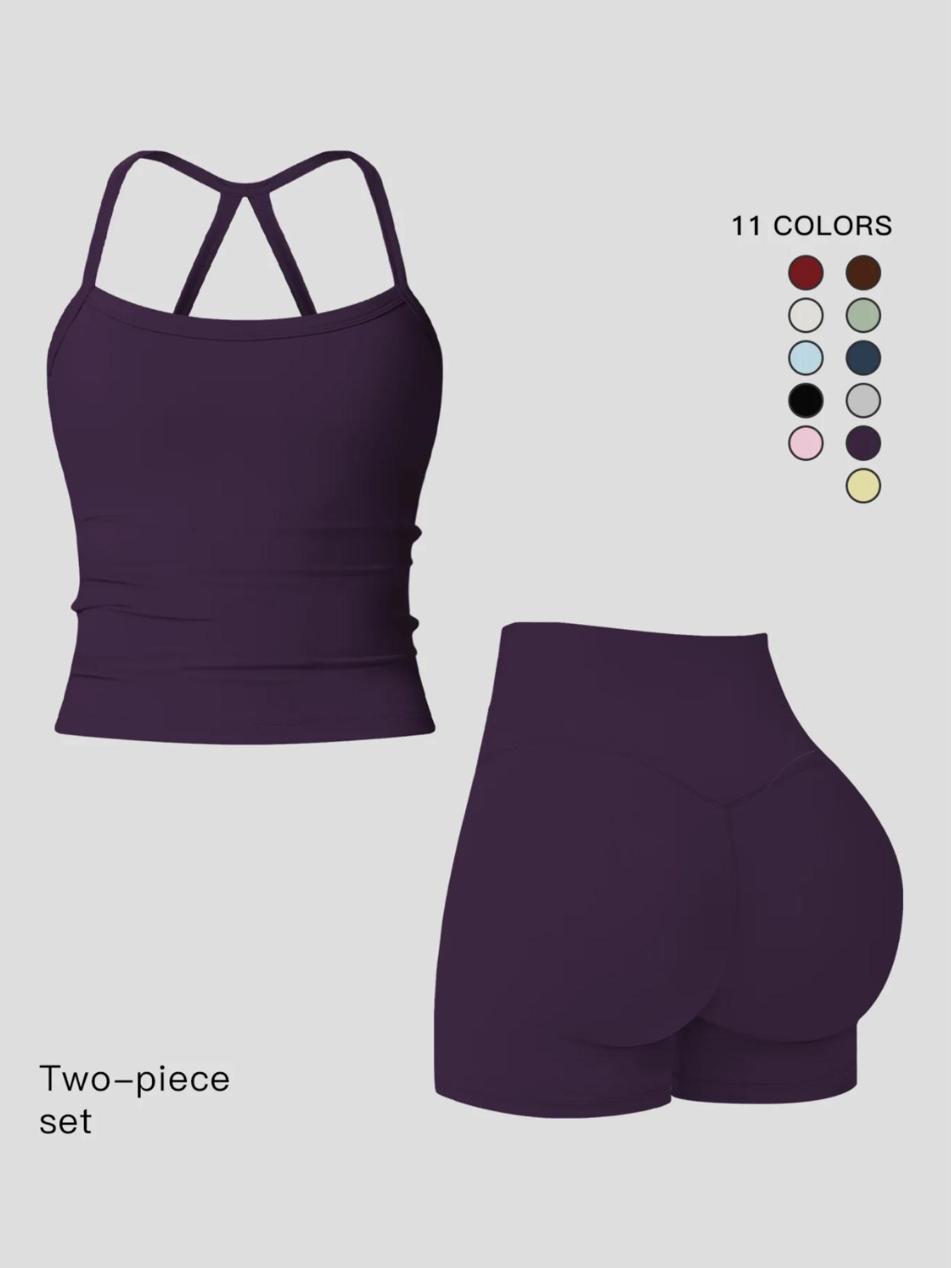 Women's Quick-Dry Two-piece Set, Active Sets, Sculpting Workout Outfit, Solid Backless Cami Top & High Waist Tummy Control Butt-Lifting Shorts, Ladies Sportswear for Indoor Outdoor Wear, Yoga Gym Running Wear, Activewear Yoga Fitness