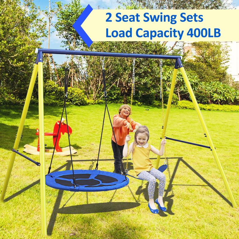 Aowos Swing Set for Kids, Saucer Swing with Heavy-Duty Metal Frame and Adjustable Ropes for Kids Outdoor, Safe Waterproof Round Swing for Backyard Playground Park, Playground for Kids, Rainbow Color, Birthday Gift, Columpio para niños, Christmas Gift