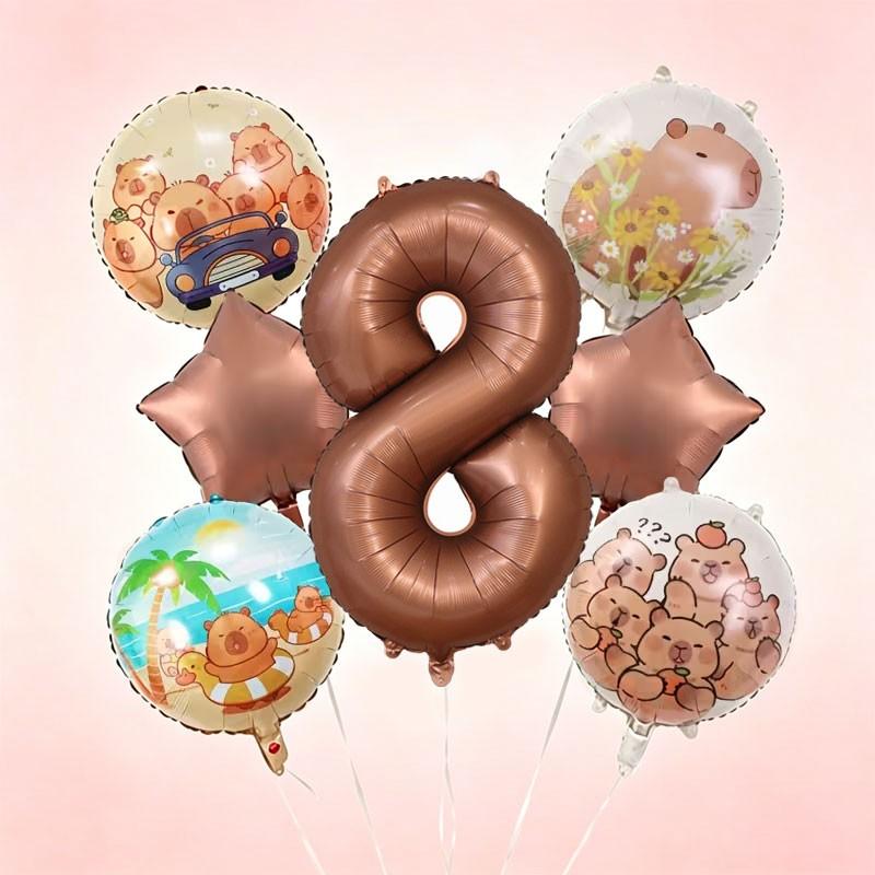 9-Piece Capybara Birthday Balloon Set, 32-Inch Chocolate Number, Shiny Star Aluminum Balloons, Party Decor, Kids Photo Props, Home Wall Decoration, Birthday Party Decorations