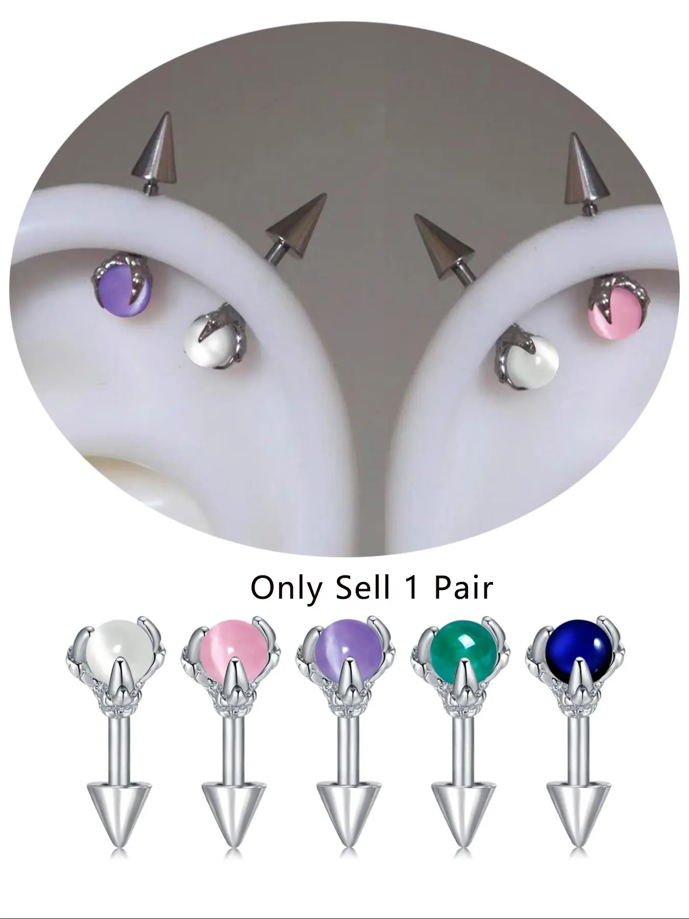 Stylish Hypoallergenic Stainless Steel Spike Ear Cuffs with Cat's Eye Stone Design, 16G Fashion Earrings for Men and Women, Earrings for Sensitive Ears, Perfect Birthday Gift, Earrings Jewelry