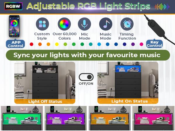 Hasuit Black Dresser with Charging Station, 4 Drawers LED Dresser for Bedroom, Chest of Drawers with Open Space, Large Capacity Tall Storage Cabinet, Black Dressers for Bedroom