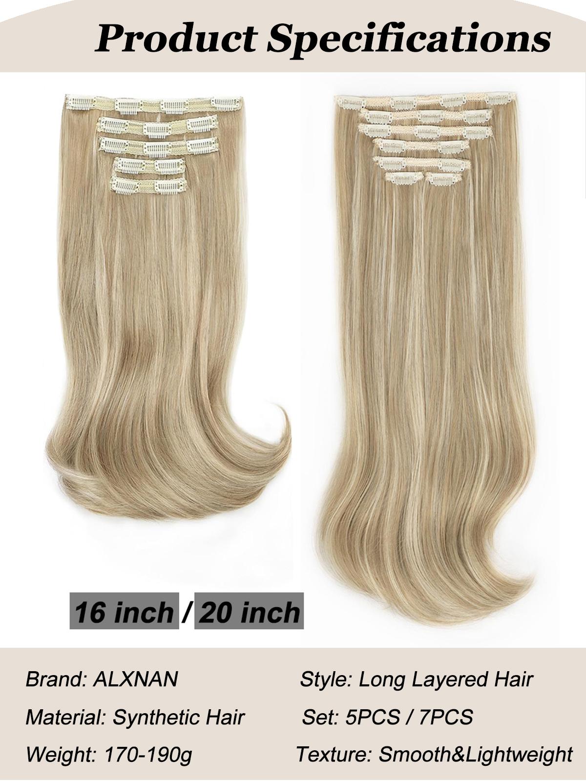 ALXNAN Synthetic Bleach Blonde Clip-in Hair Extensions Natural Straight Long Layered for Women Curly Wavy Heat Resistant Natural Straight