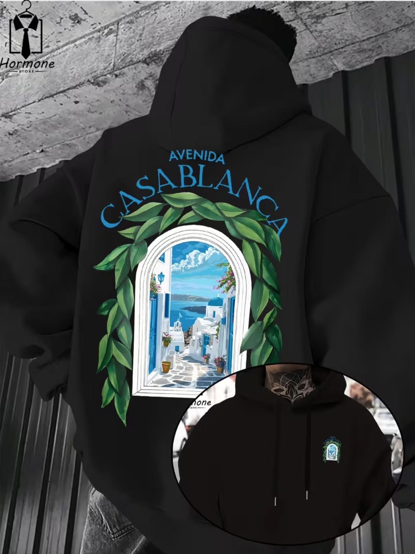 Men's Casual Hooded Sweatshirt, Avenida Casablanca Text & Landscape Print, Spring Fall Warm Pullover, Kangaroo Pocket Design