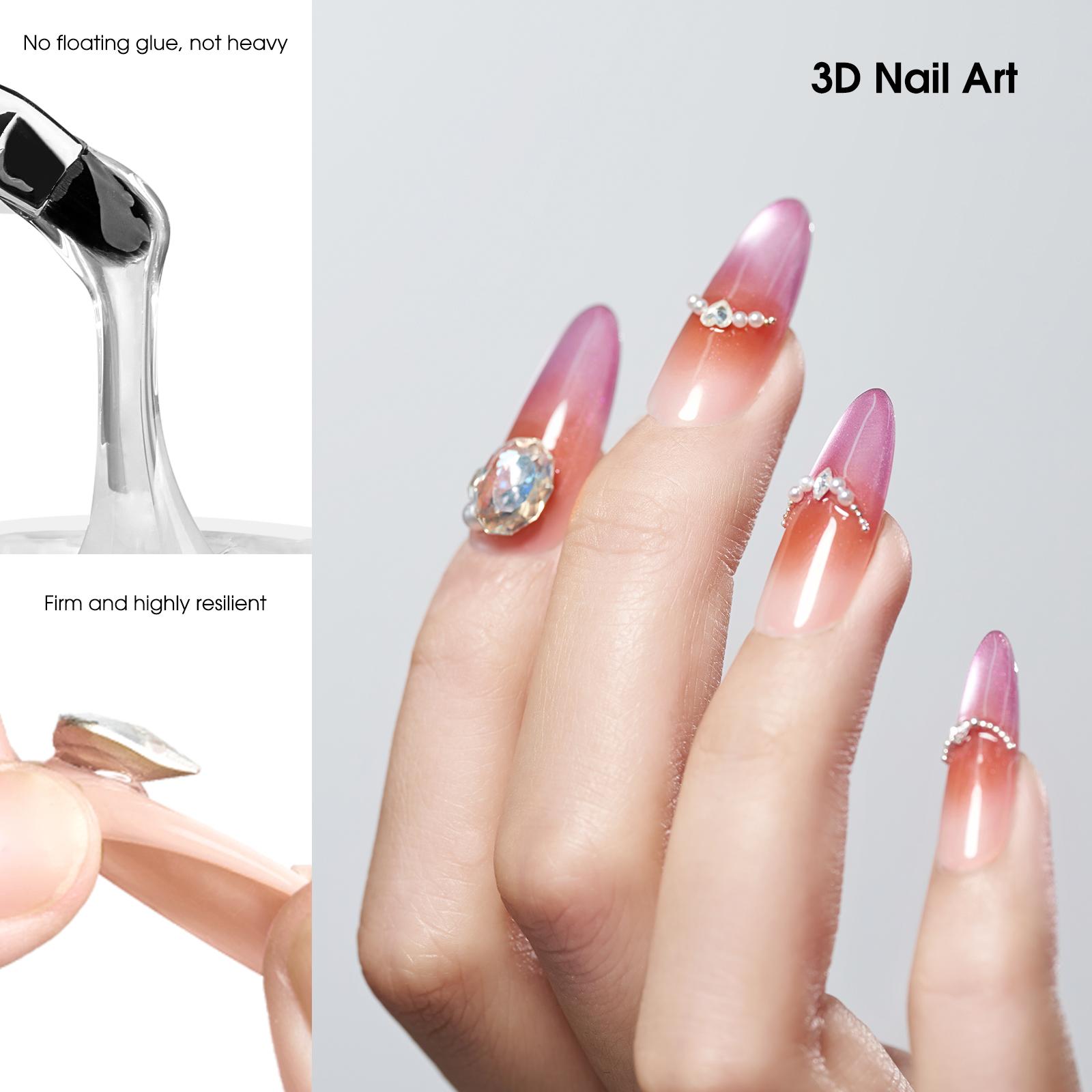 TRICOLOR FISH Nail Rhinestone Glue Gel with Brush Pen Set, 35G Top Coat Clear Nail Gem Glue Wipe-Off Super Strong Adhesive Nail Art Glue Gel for Nail Decorations 3D Stones Charms Flowers, Nail Lamp Neede