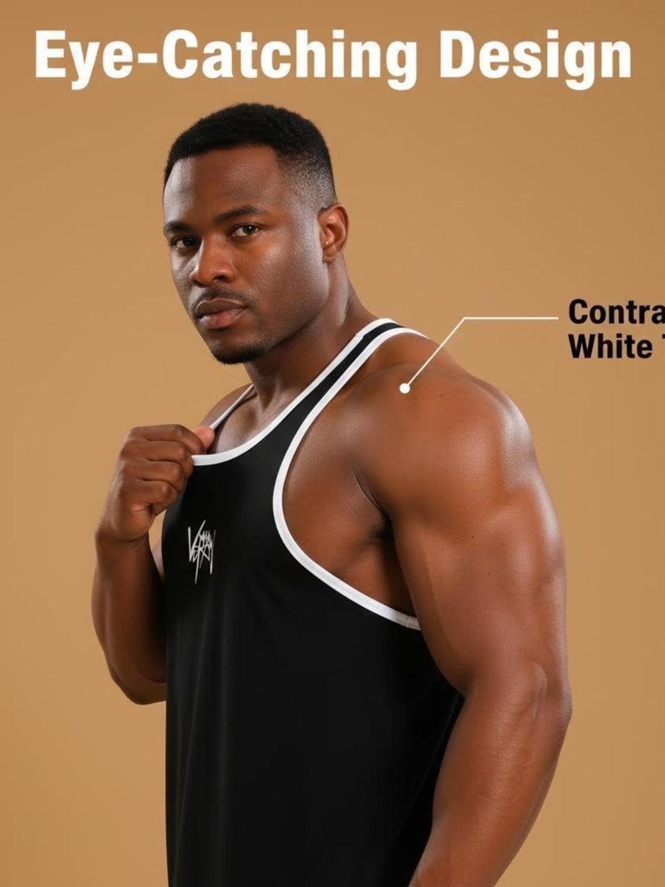 American Loose Fitness Tank Top for Men, Colorblock Letter Pattern, Sleeveless Long Training Vest, Quick-Dry Sportswear