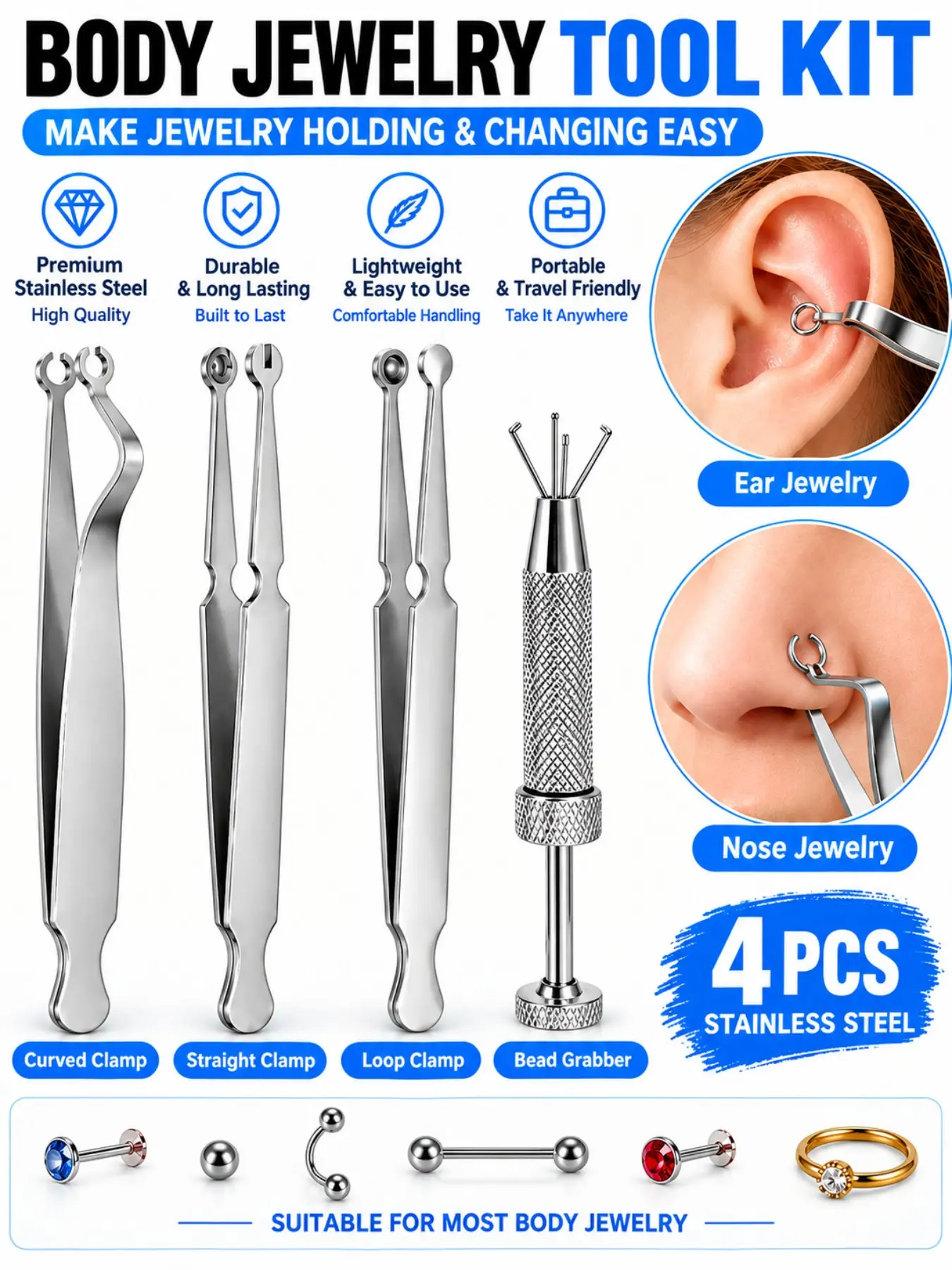 Stainless Steel Piercing Jewelry Tool Kit – Bead & Ball Grabber, Ring Opening Pliers and Precision Tweezers for Nose Rings, Earrings, Lip & Body Jewelry Repair and Changing Piercing Tools