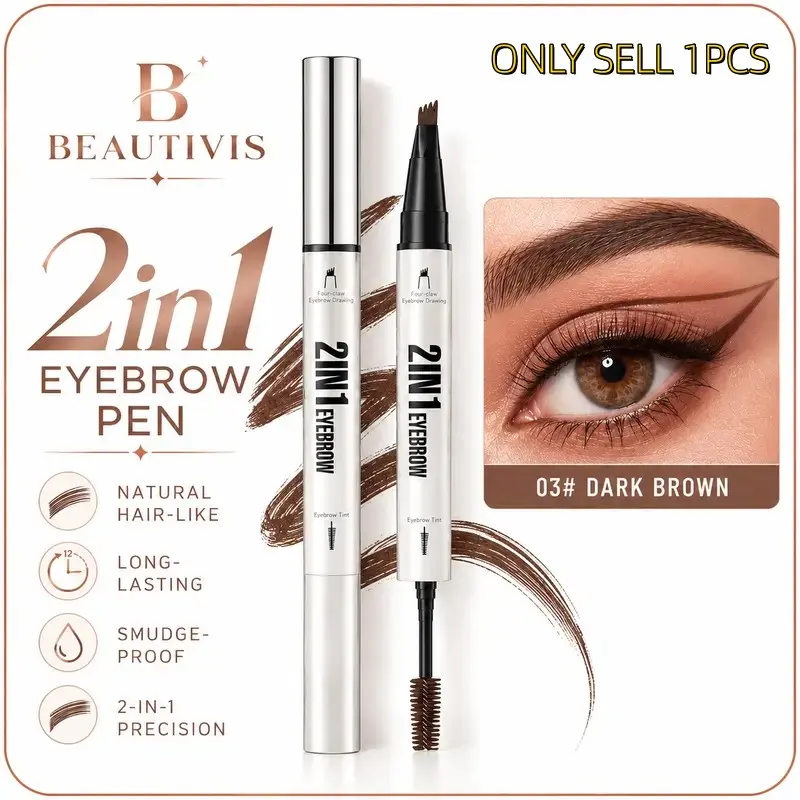 2-in-1 Microblading Eyebrow Pen, 4-Prong Brow Pencil with Spoolie Brush, Natural Hair-Like Strokes, Easy Brow Definition & Shaping