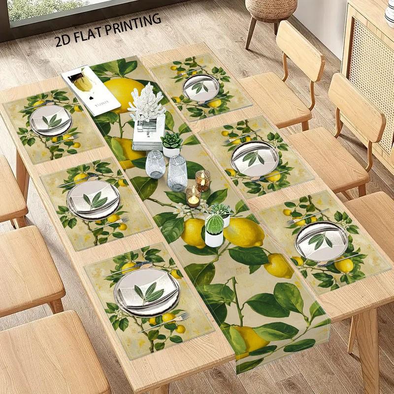 2D flat printing, 5-piece/7-piece watercolor lemon table flag placemat set, with green leaves for summer tabletop decoration and holiday kitchen table decoration, suitable for home gatherings, indoor decoration, and home decor