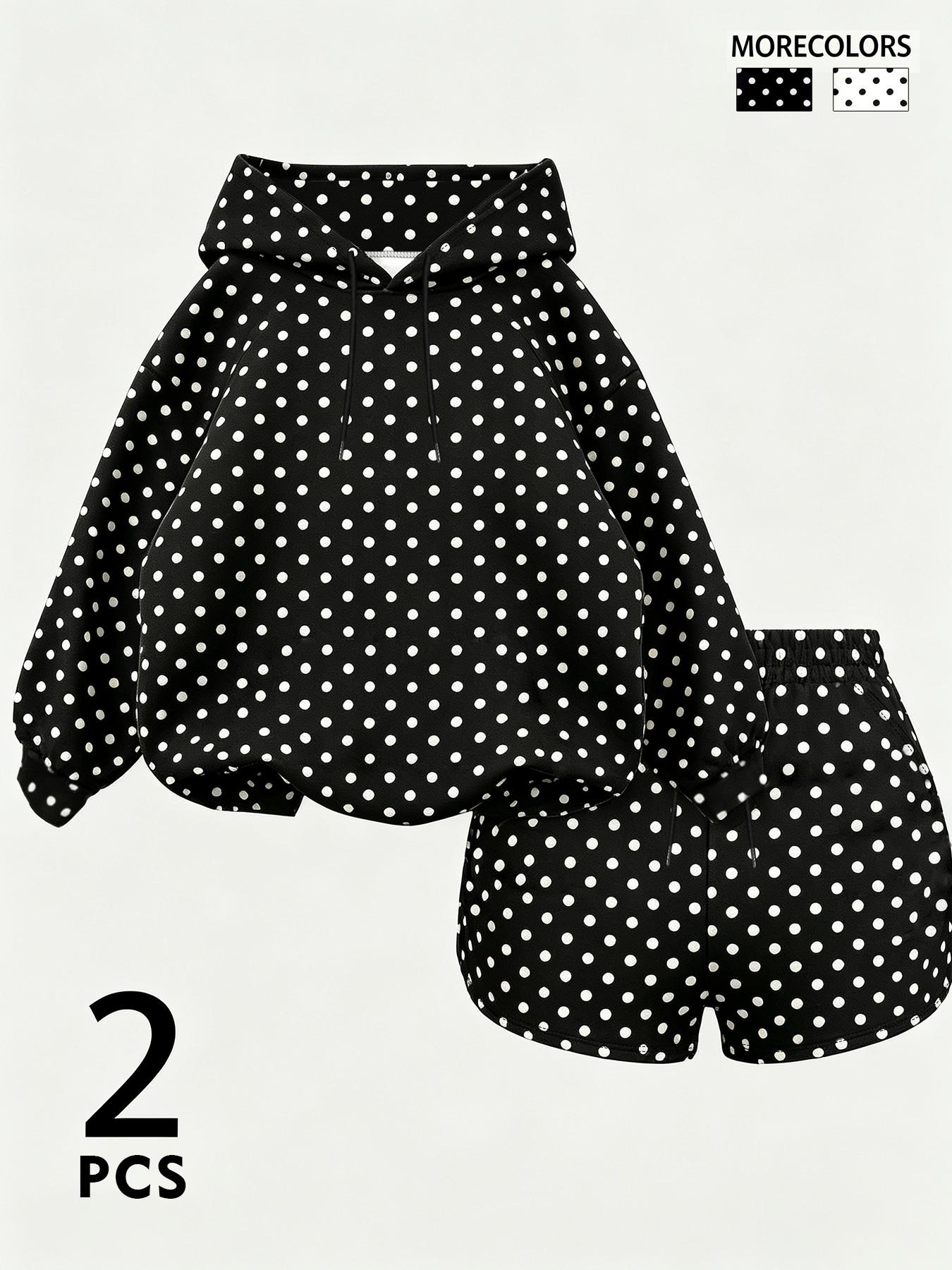 New autumn women's polka dot hoodie & shorts two-piece set, loose fit with drawstring design, casual home style, perfect for staying at home, walking, weekend outings, and travel outfits #PolkaDotStyle #LoungewearSet #CasualOOTD #HoodieSet