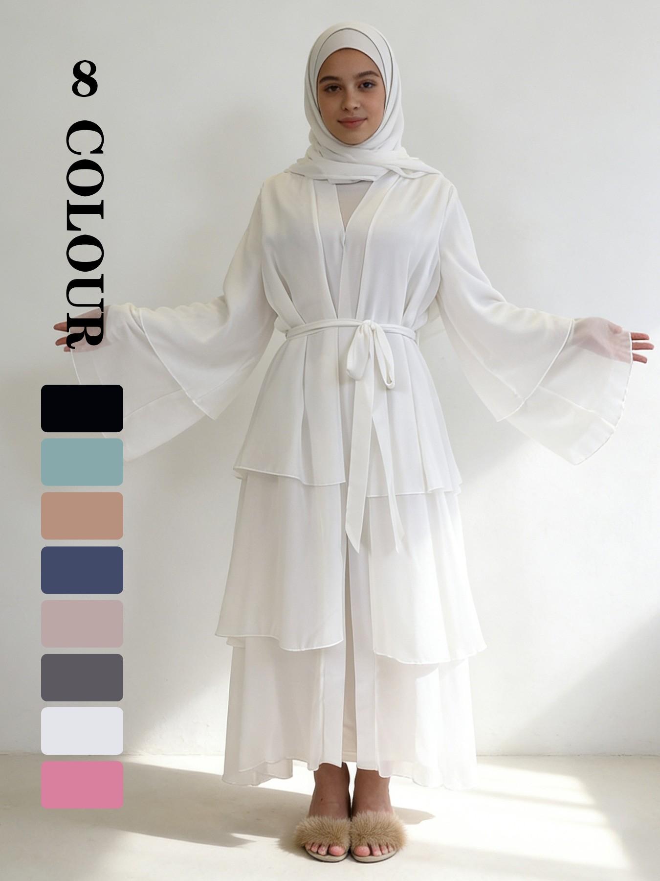 Spring Summer High-Quality Chiffon 3-Layer Eid Abaya with Belt, Casual Party Dress, Comfortable Breathable Fabric, Perfect for Weddings