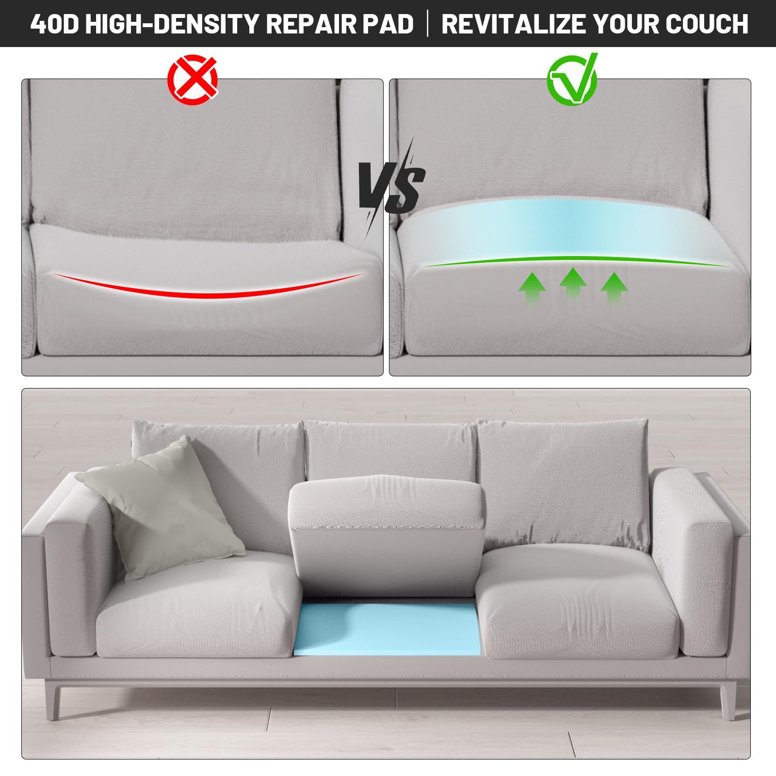 Blue high-density foam sofa support cushion, Durable Cushions, insertable high resilience sofa cushion, repair sofa depression to improve comfort, size is 20"X20"x2"