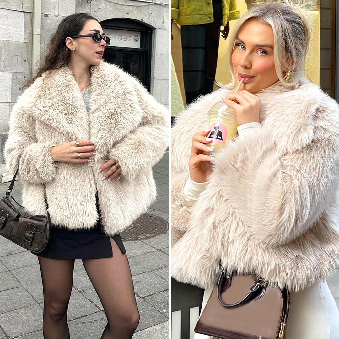 Buenoble Women's Brown Faux Fur Coat Winter Fluffy Short Jacket Warm Fuzzy Oversized Outwear Top Shaggy Collar Full Lining Short Jacket with Side Pockets SpringStatements
