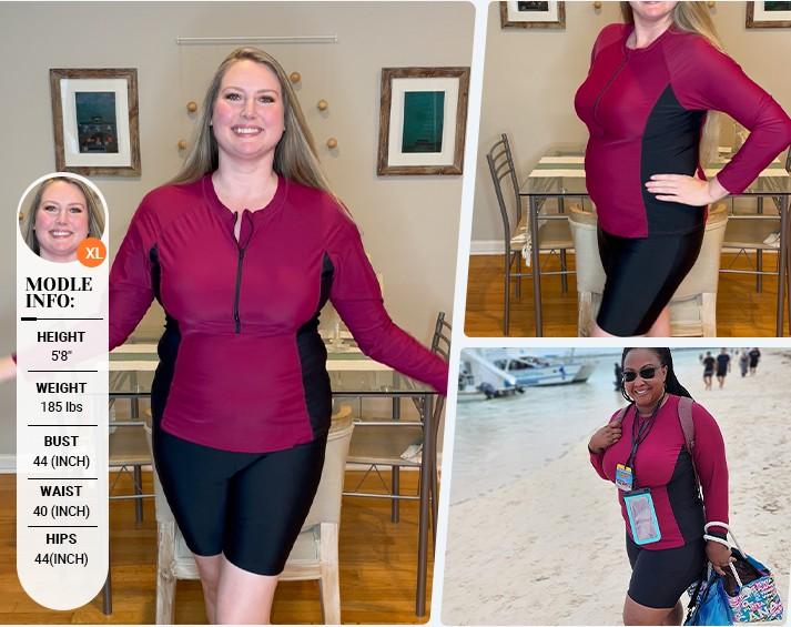 Daci Women Two Piece Plus Size Long Sleeve Rash Guard Bathing Suit Zip Front Athletic Boy Shorts Tankini Swimsuits UPF 50