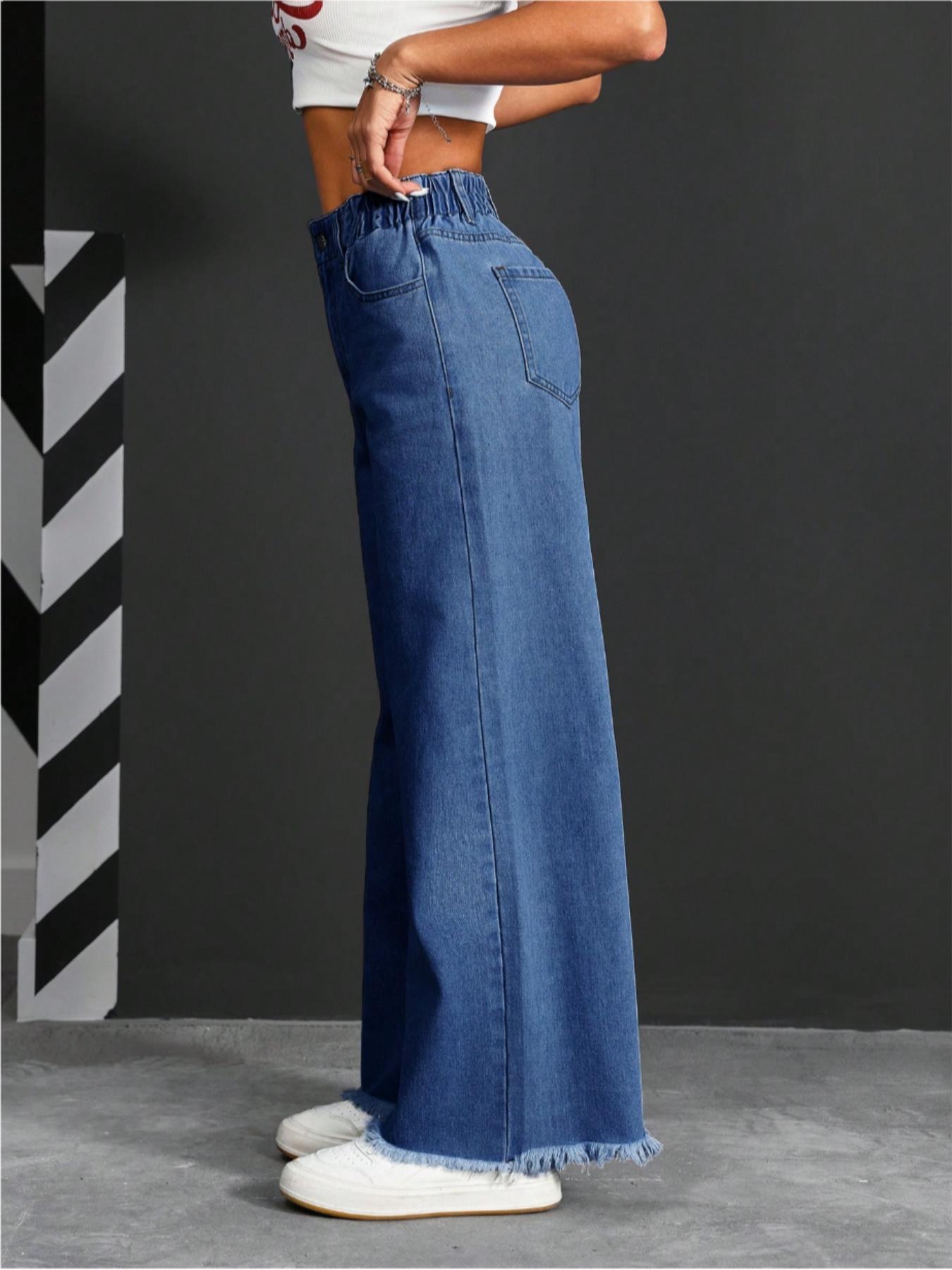 Women's High Waist Denim Jeans, Elastic Waist Design, Pockets with Buttons, Casual Fashion, Fuzzy Hem, Comfortable Pants for All Seasons