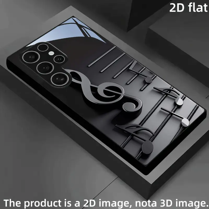 Phone Case: 2D Flat Black and Silvery Musical Note Art Silhouette Tempered Glass Phone Case in Black for Samsung Galaxy S25/S24/S23/S22/S21/S20/Note