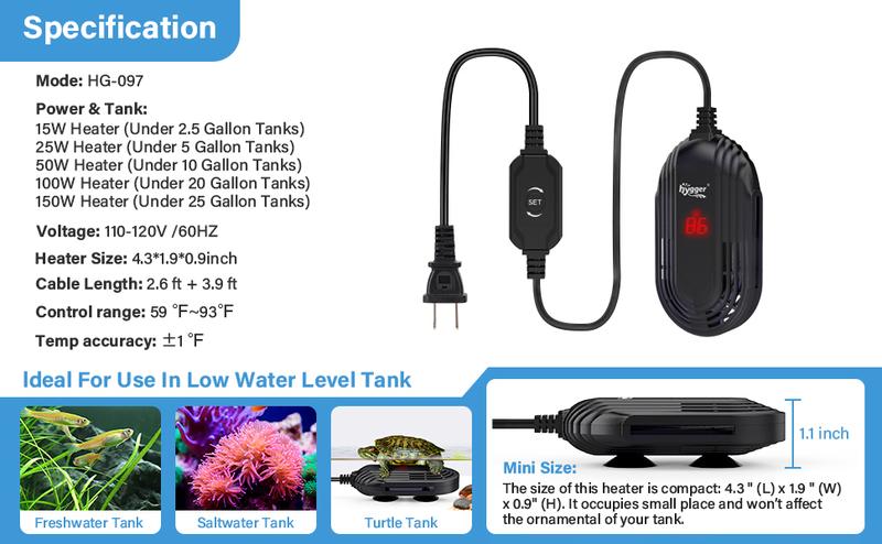 hygger Small Aquarium Heater, Submersible Betta Fish Tank Heater with Adjustable Temperature External Controller, Turtle Heater with LED Display for up to 2.5- 25 Gallon Tanks