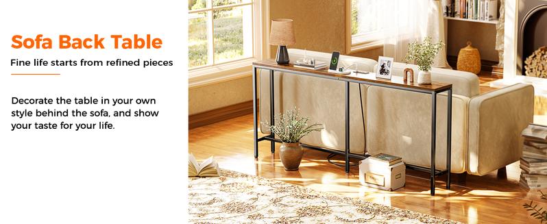 SUPERJARE 70 Inch Console Table with Outlet, Sofa Table with Charging Station, Narrow Entryway Table, Skinny Hallway Table, Behind Couch Table, for Living Room