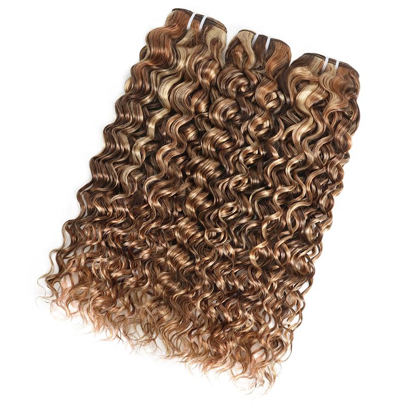 4/27/613 Water Wave Bundles Human Hair Highlight Ombre Brown Honey Blonde 613 Bundles Hair Weave Bundles for Sew In and Quick Wave Human Hair Extensions 100% Human Hair Extensions Colored Human Hair Bundles