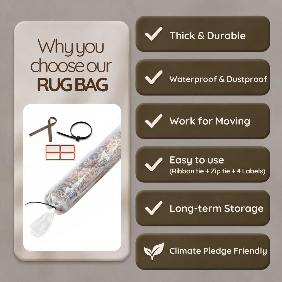 Large Plastic Rug Shipping Bag for 6x9, Zip & Ribbon Ties, Labels | Heavy Duty, Rug Returns, Moving/ Storage, 5x7 Rugs, Carpet Remnants, Travel  Rugs, Tree Storage, Easy Loading