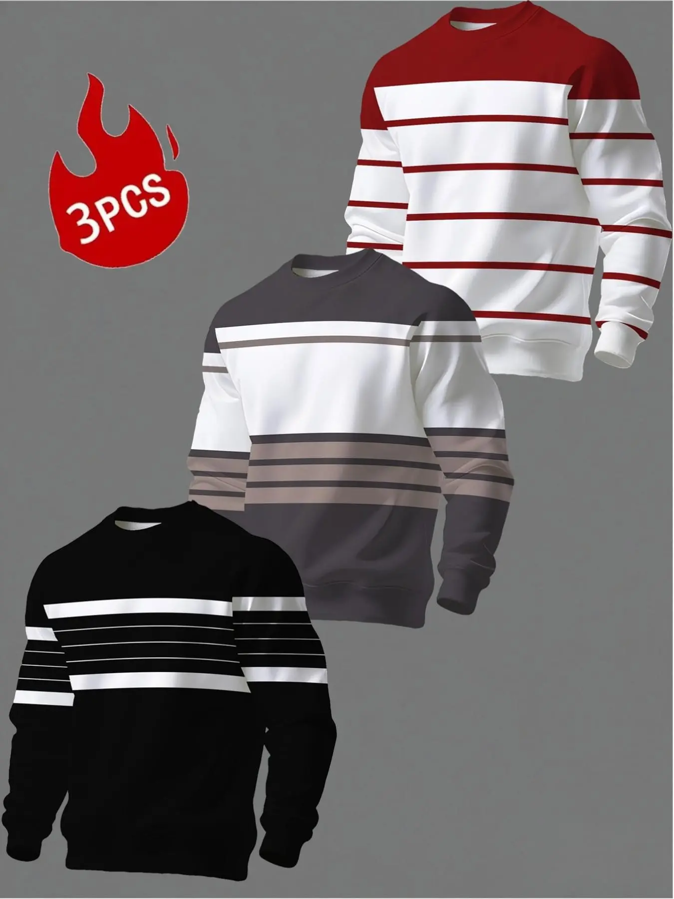 Men's 3-Pack Colorblock Striped Round Neck Sweatshirt, Spring Fall Casual Long Sleeve Pullover, Versatile Loose Fit Men's Top