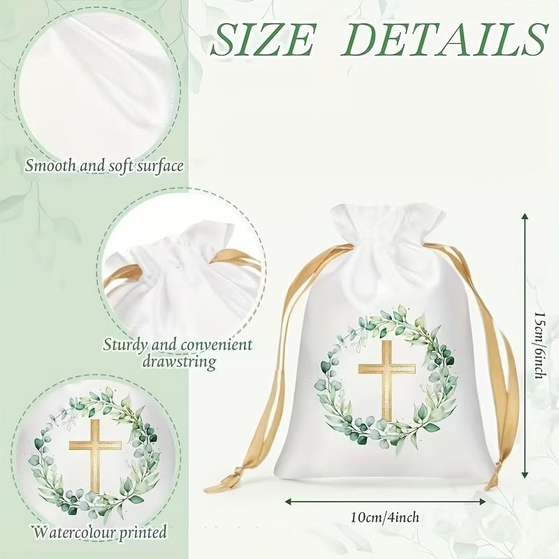 10/30 Religious Baptism and Communion Gift Bags with Drawstring Closure, Gold Wreath and Cross Design, Party Goody Bags, Suitable for Jewelry, Baptism, Communion, Weddings, Birthdays, Baptism Gifts, Party Favors, Gift Package