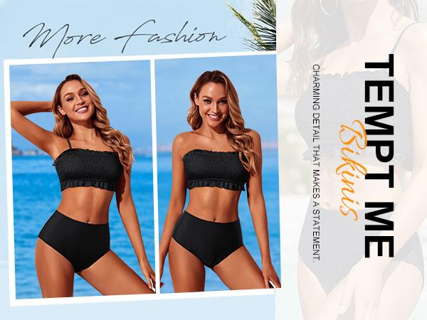 Tempt Me Women Bandeau High Waisted Bikini Sets Smocked Swimsuit Strapless Two Piece Bathing Suit