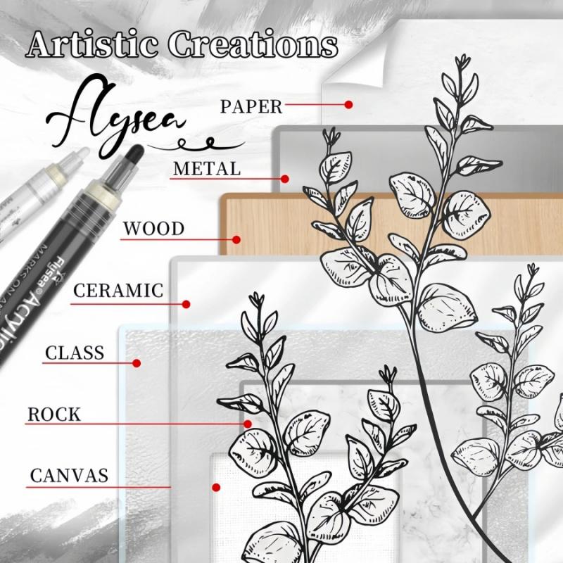 Black White Gold SilveryAcrylic Paint Pens, Acrylic Paint Markers Art Markers Pen 0.7 mm Extra Fine, 3 mm Medium Tip, Waterproof Paint Pens for Rock Painting Ceramic Glass Canvas Mug Metal Wood DIY Supplies