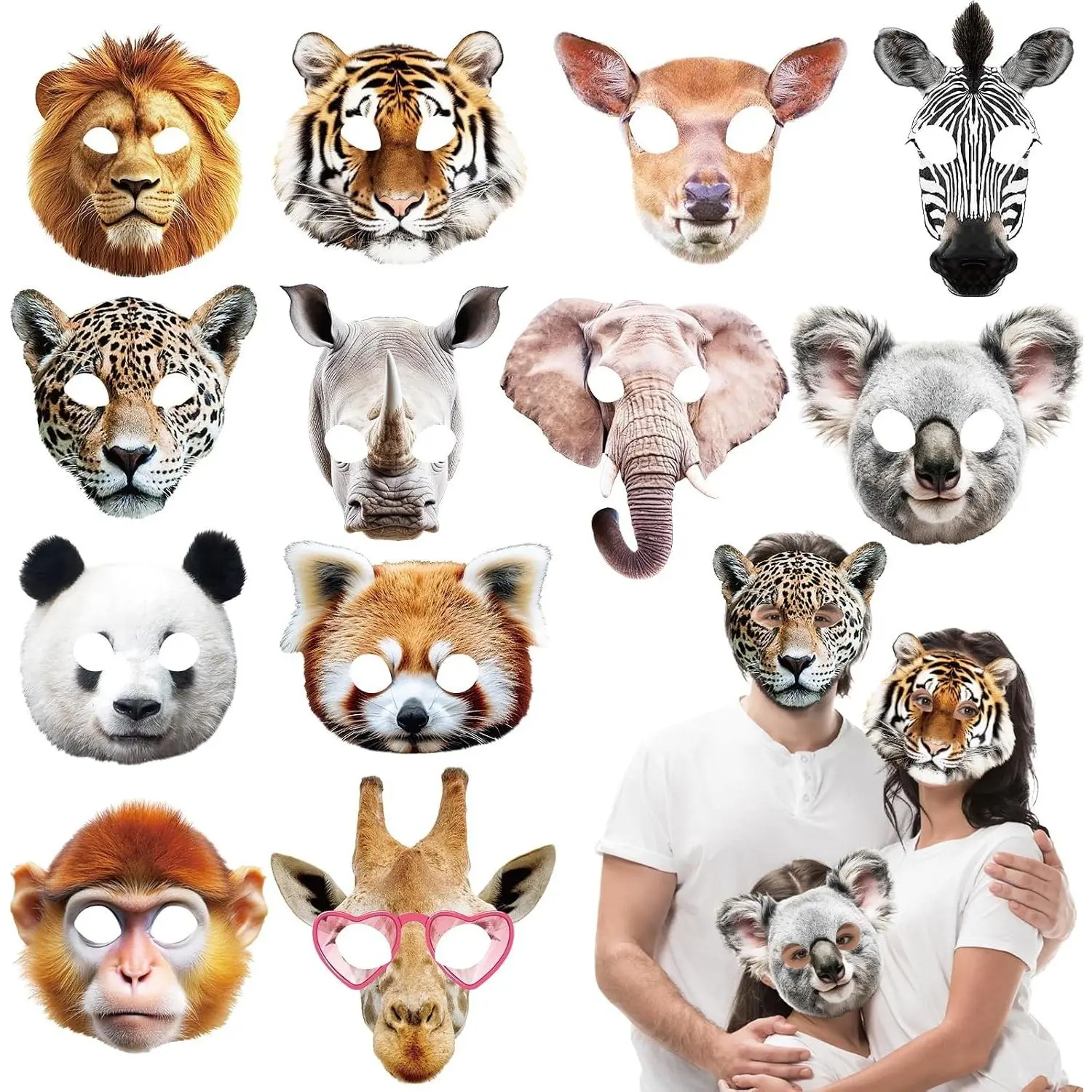 24pcs Jungle Safari Themed Animal Masks Party Favors Realistic Printed Wild Petting Zoo Animal Costume Dress Up for Adults Woodland Birthday Party Supplies DecorationGift
