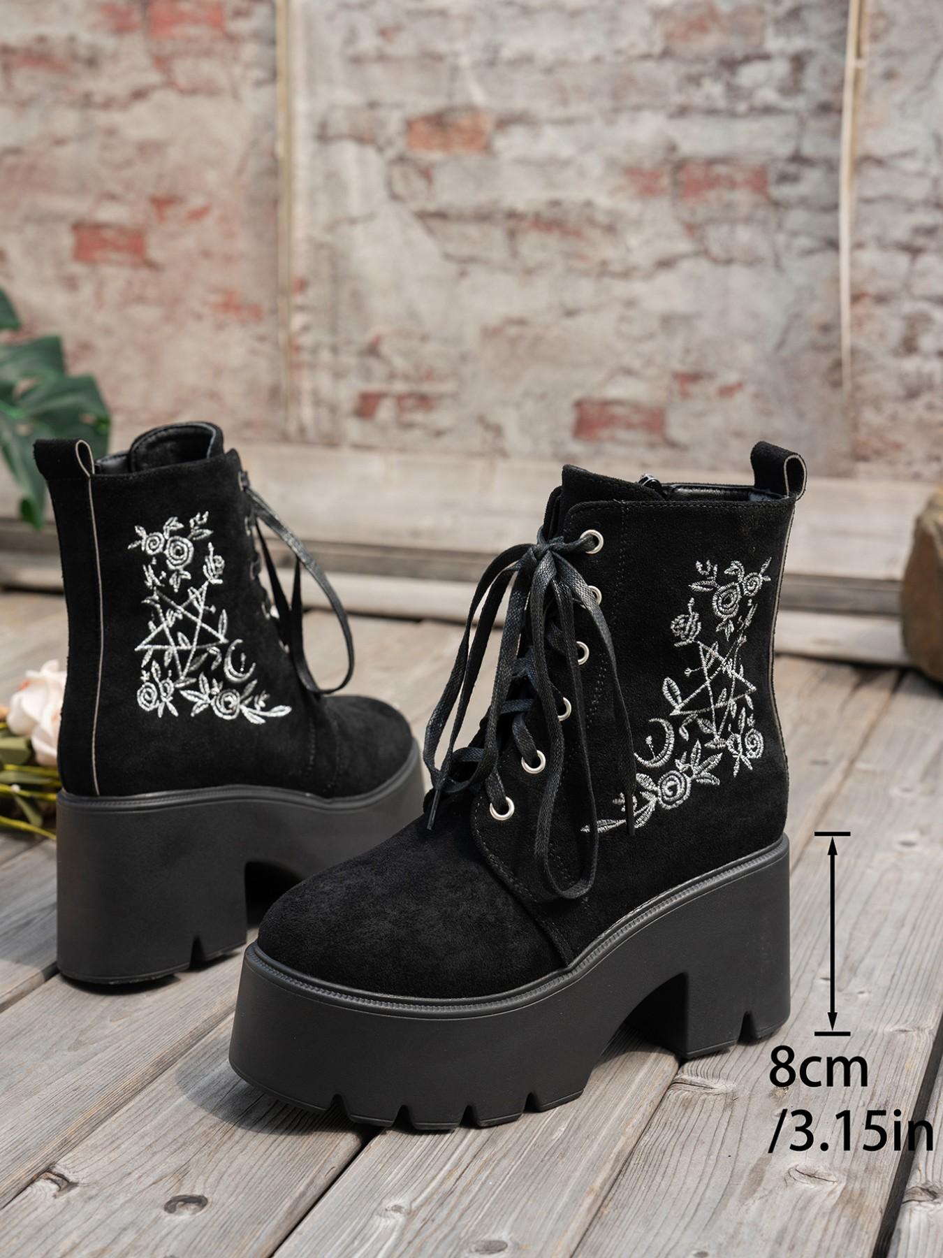 New Autumn Winter Star Moon Embroidery Thick Sole Boots for Women, Lace-Up Side Zip Short Boots, Gothic Style Casual Outerwear Shoes, Footwear