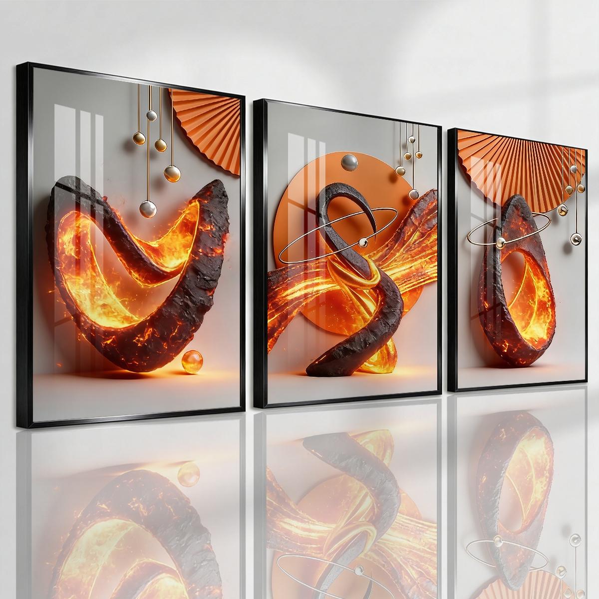 3 Counts Aluminum Alloy Framed Painting, Abstract Lava Flame Sculpture Pictures, Home Decoration For Living Room, Bedroom, Office, Restaurant, Hallway Wall Decor, Odorless Print Artwork, Luxury Perfect Gift For Friends And Family
