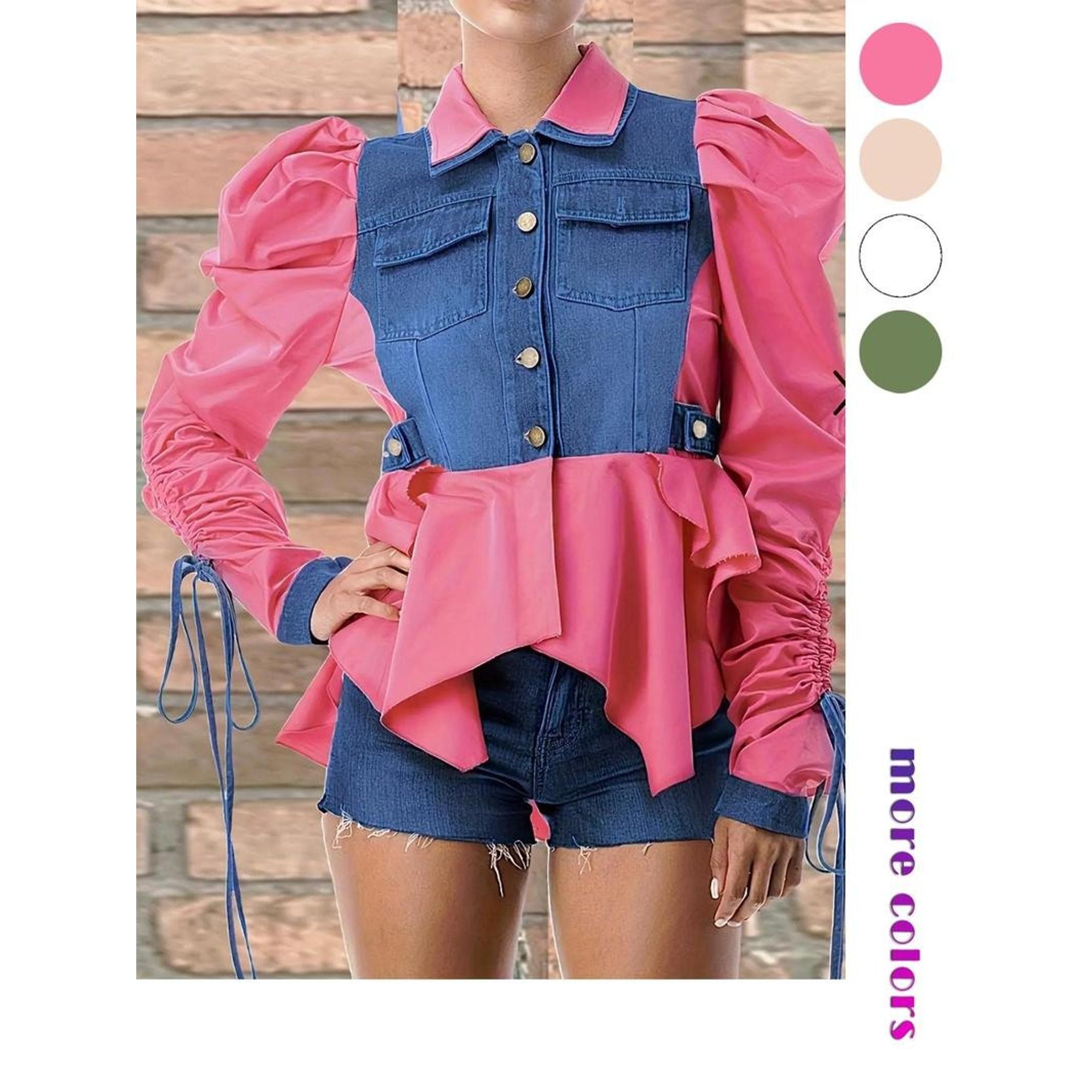 Women's Colorblock Ruched Knot Design Long Sleeve Button Front Blouse, Casual Leg-of-Mutton Sleeve Pocket Top for Spring & Fall, Women's Clothing