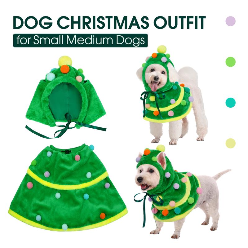 Kuoser Christmas Dog Outfit Set with Tree Hat & Dress for Small Medium Dogs Festive Winter Costume with Pom-Poms and Adjustable Drawstring dog clothes Puppy