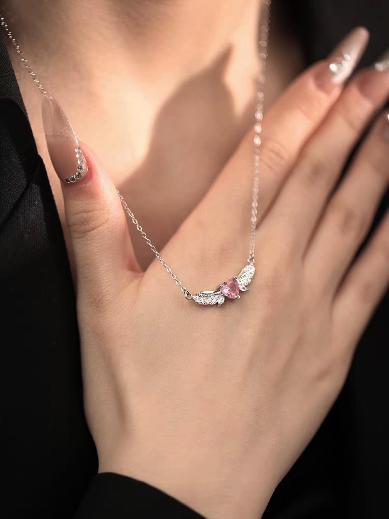 925 Sterling Silver Cute Heart & Wing Rhinestone Pendant Necklace, Adjustable Necklace for Women, Fashion Jewelry for Party, Daily Decor, Exquisite Jewelry for Gift