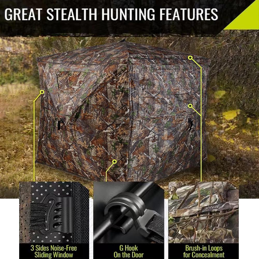 Hunting Blind 2-3 Person with Portable Hunting Chair, 270 Degree See Through Pop up Ground Blinds for Deer Turkey Duck Hunting, Bow Hunting Adjust Windows with Silent Zipper