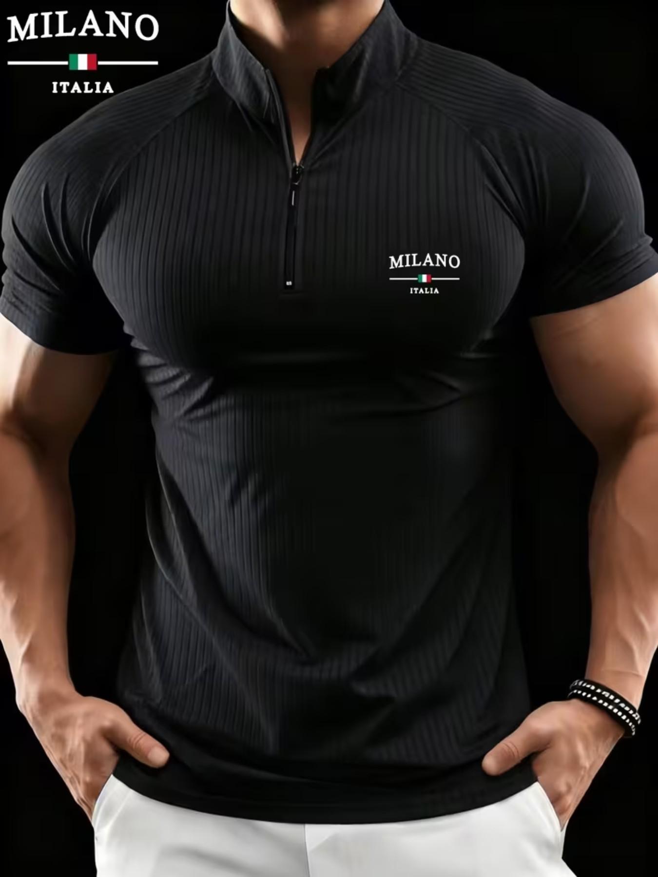 Men's Milano Stand Collar Polo Shirt, Elastic Ribbed Slim Fit Muscle Show, Casual Sportswear, All Seasons, Loose-Fitting, Zipper Design