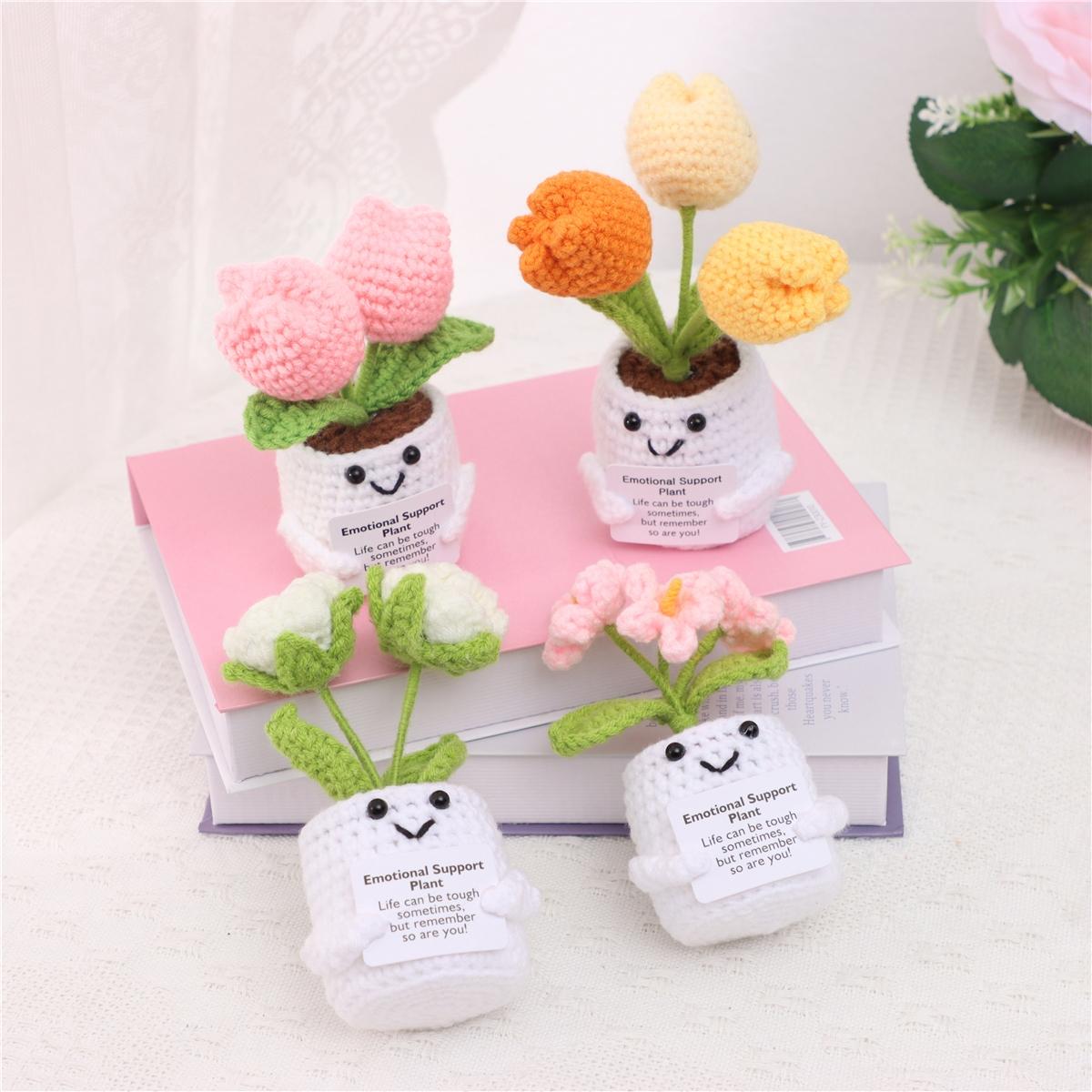 Crochet Flower Pot, 4 Counts/set Cute Crochet Flower Pot, Emotional Support Mini Knitting Flower Pot, Home Decor for Living Room Bedroom, Crochet Artificial Flowers