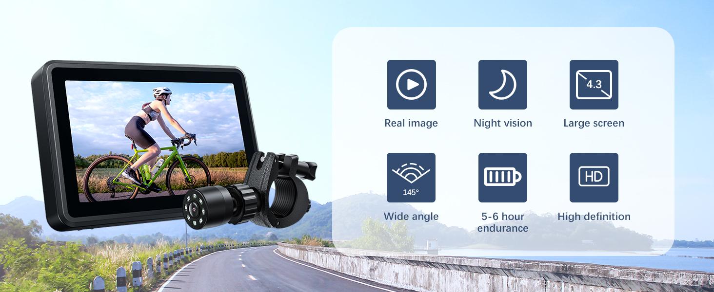 Handlebar Bike Mirror, Bicycle Rear View Camera with 4.3'' HD Night Vision Function, 145° Wide Angle View, Adjustable Rotatable Bracket, Compatible with Bicycle, Mountain, Road Bike
