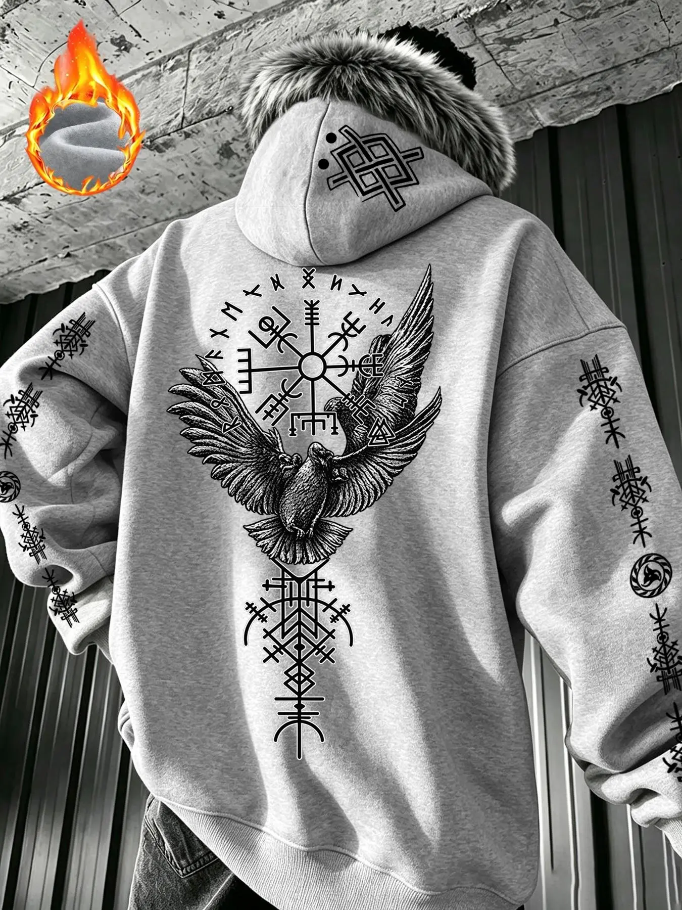 Men's Autumn Winter Faux Fur Hooded Jacket, Norse Viking Raven Runes Design, Soft Faux Fur Hood, Streetwear Outerwear, Layerable Coat