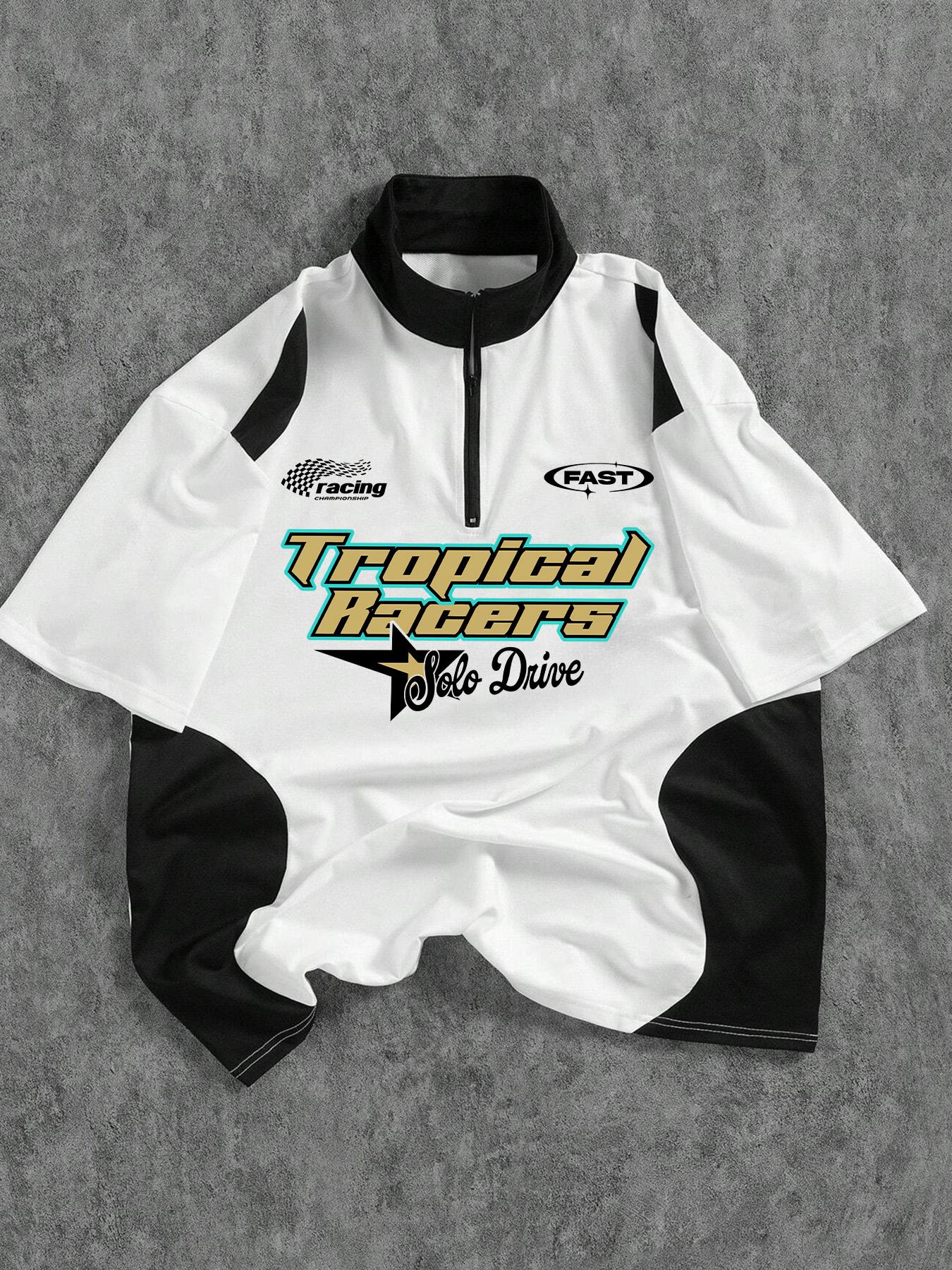 Men's Patchwork Half-Zip Polo Shirt, Racing Style Trendy Design, Perfect for Daily Wear or Unique