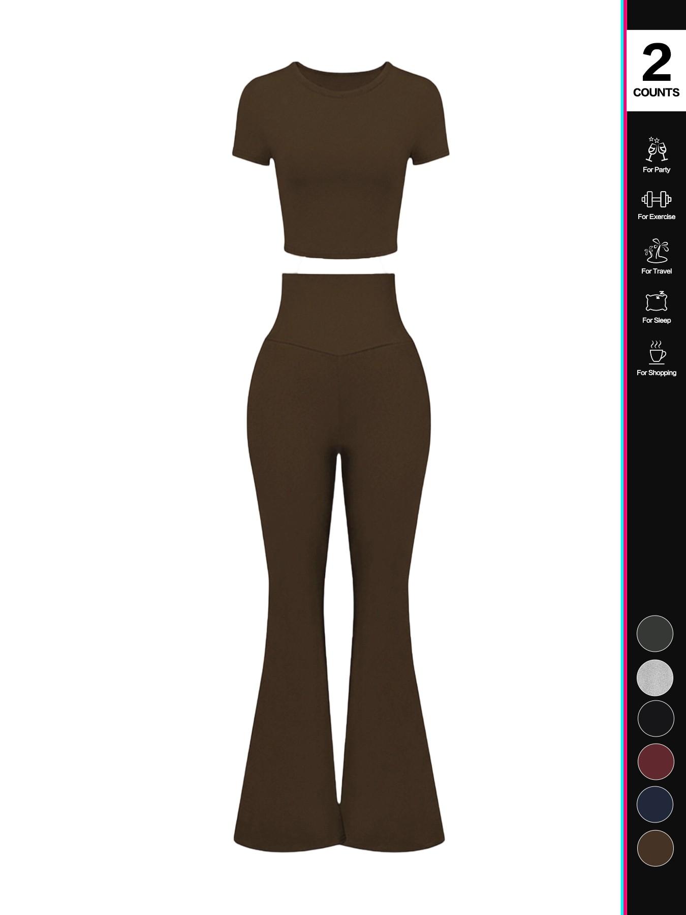 Women's High Waisted Flare Pants Set, 2 Piece, Short Sleeve Cropped T-Shirt Top, Bell Bottom Workout Sets, Casual Fashion, Athleisure Wear